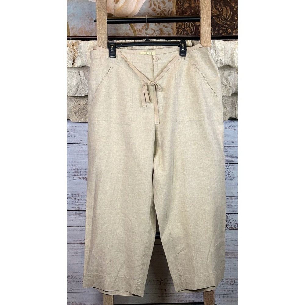 Linden Hill Women 18 Beige 100% Linen Wide Leg Pants Ribbon Belt High Rise